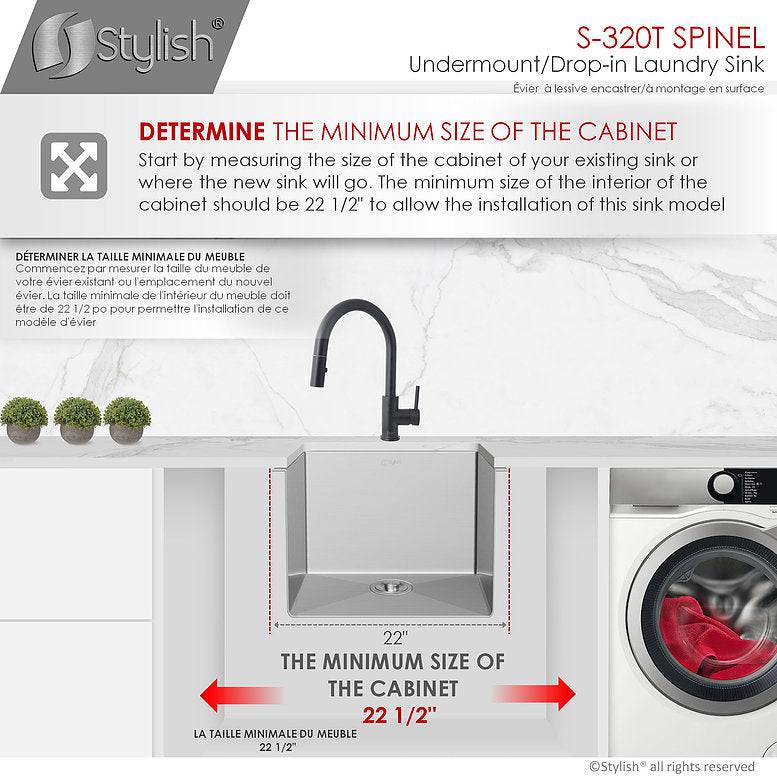 Stylish Spinel 22" x 18" Stainless Steel Single Bowl Undermount Laundry Sink S-320T - Renoz