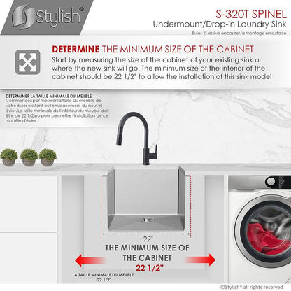 Stylish Spinel 22" x 18" Stainless Steel Single Bowl Undermount Laundry Sink S-320T - Renoz