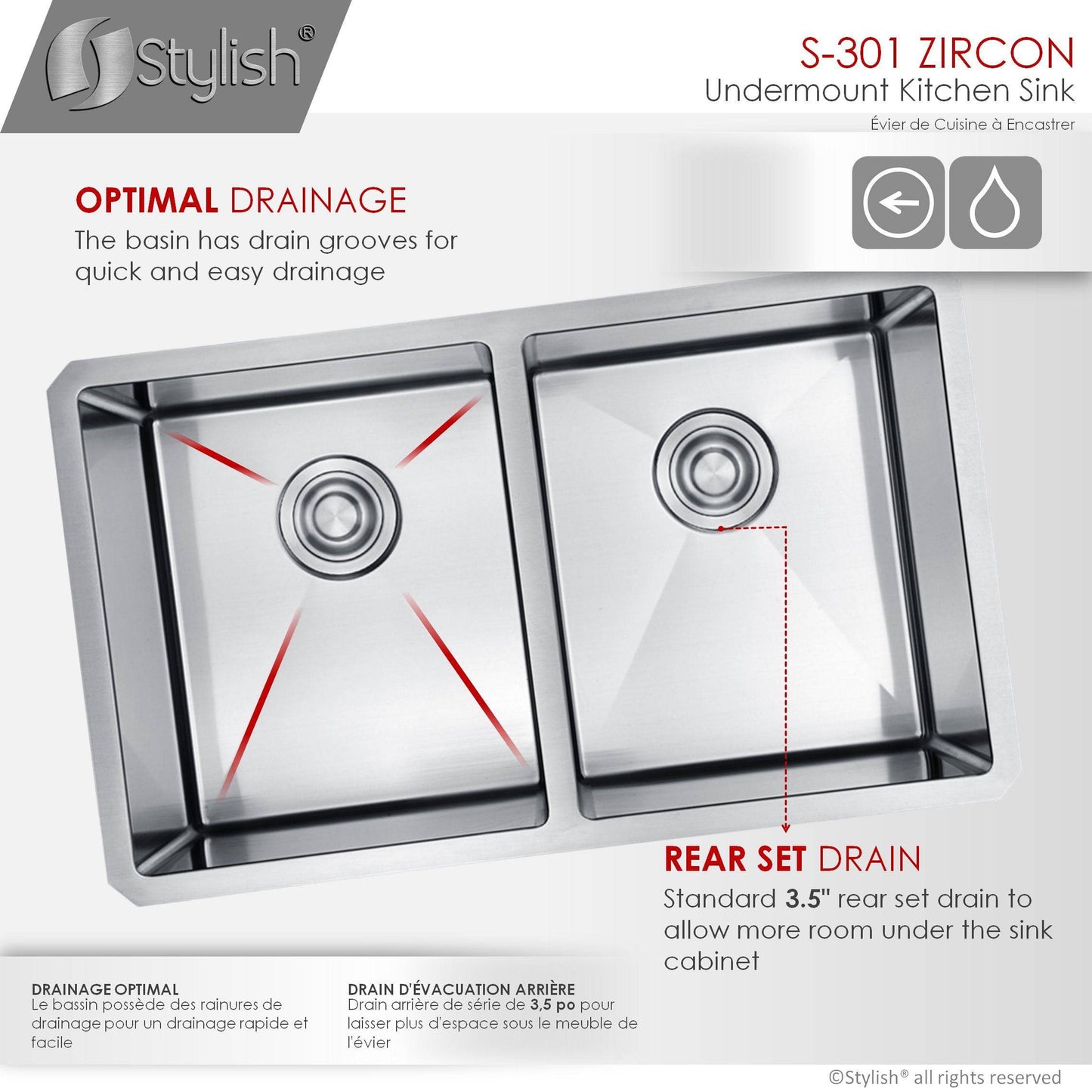 Stylish Zircon 32" x 18" Double Bowl Undermount Stainless Steel Kitchen Sink S-301G - Renoz