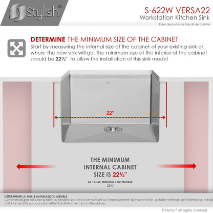 Stylish Versa22 22" x 19" Workstation Single Bowl Undermount 16 Gauge Stainless Steel Kitchen Sink with Built in Accessories S-622W - Renoz
