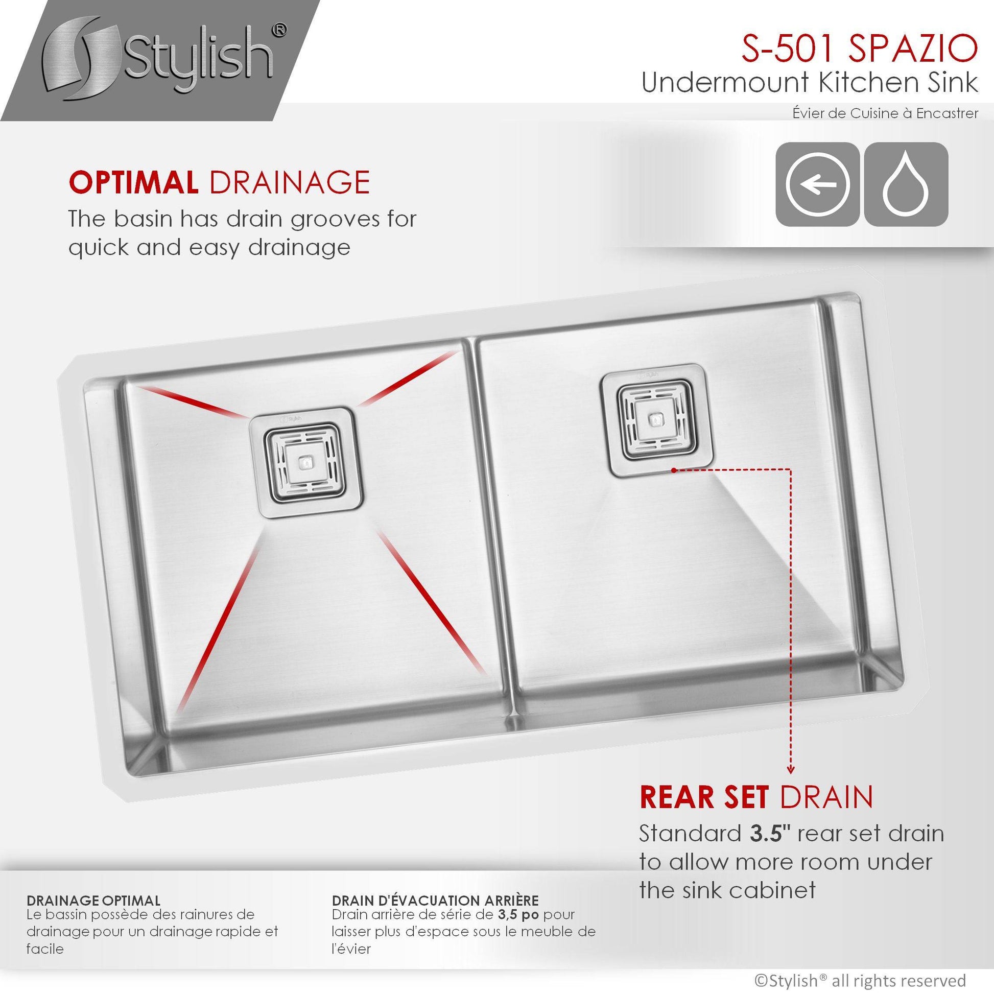 Stylish Spazio 33" x 18" Slim Low Divider Double Bowl Undermount Stainless Steel Kitchen Sink S-501XG - Renoz