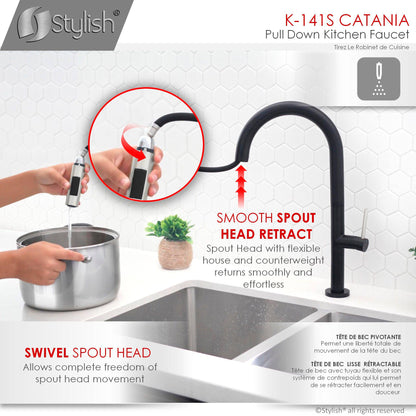 Stylish Catania 17.25" Kitchen Faucet Single Handle Pull Down Dual Mode Lead Free Matte Black with Silver Head and Handle Finish K-141NS - Renoz