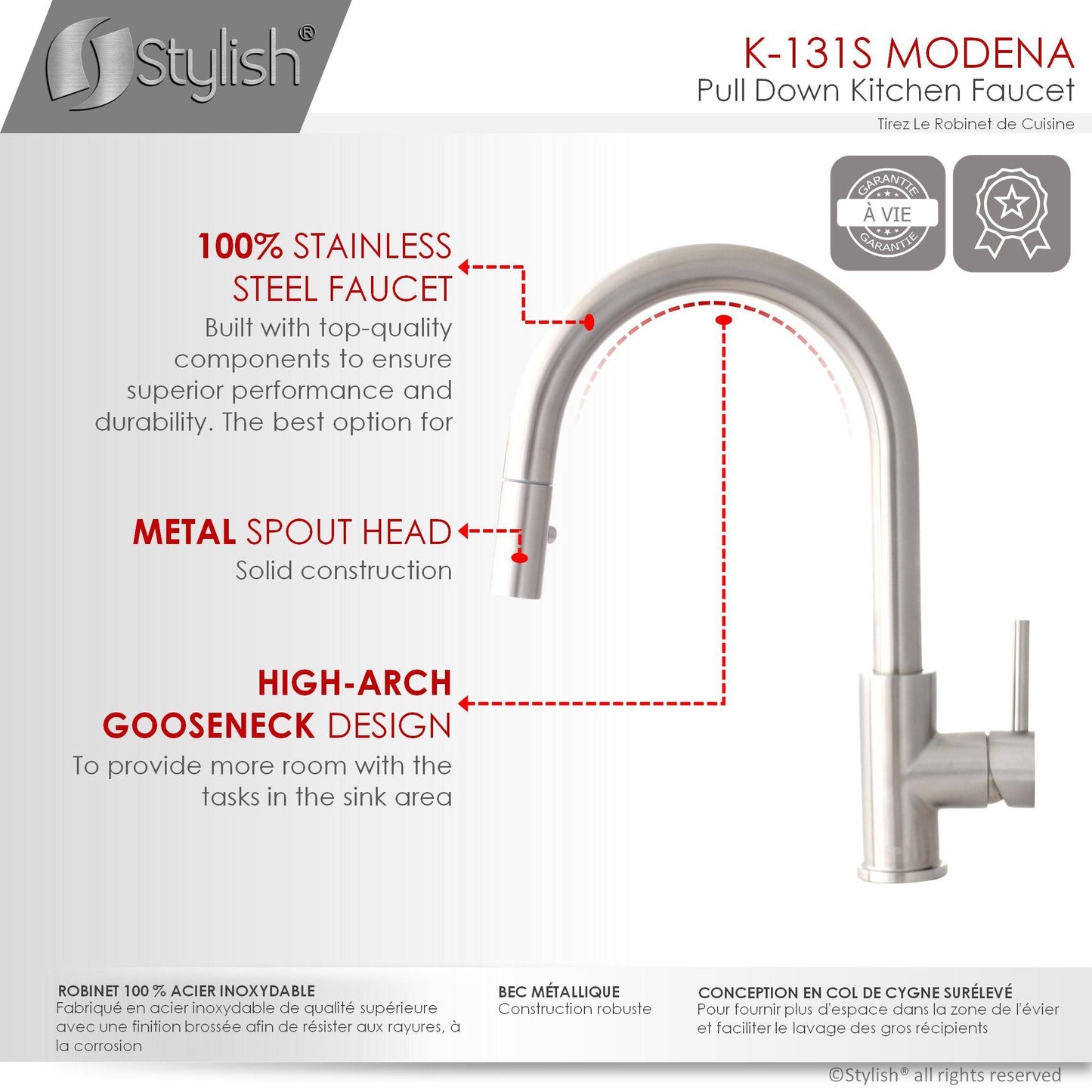 Stylish Modena 14" Kitchen Faucet Single Handle Pull Down Dual Mode Stainless Steel Brushed Finish K-131S - Renoz