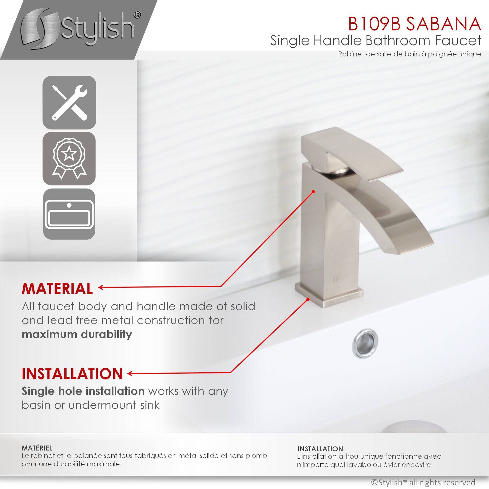 Stylish Sabana 7" Single Handle Bathroom Faucet for Single Hole Brass Basin Mixer Tap, Brushed Nickel Finish B-109B - Renoz