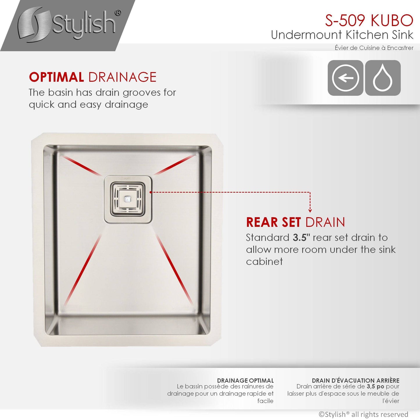 Stylish Kubo 16" x 18" Single Bowl Stainless Steel Kitchen Sink with Square Strainer S-509XG - Renoz