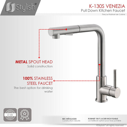 Stylish Venezia 12" Kitchen Faucet Single Handle Pull Down Dual Mode Stainless Steel, Brushed Finish K-130S - Renoz