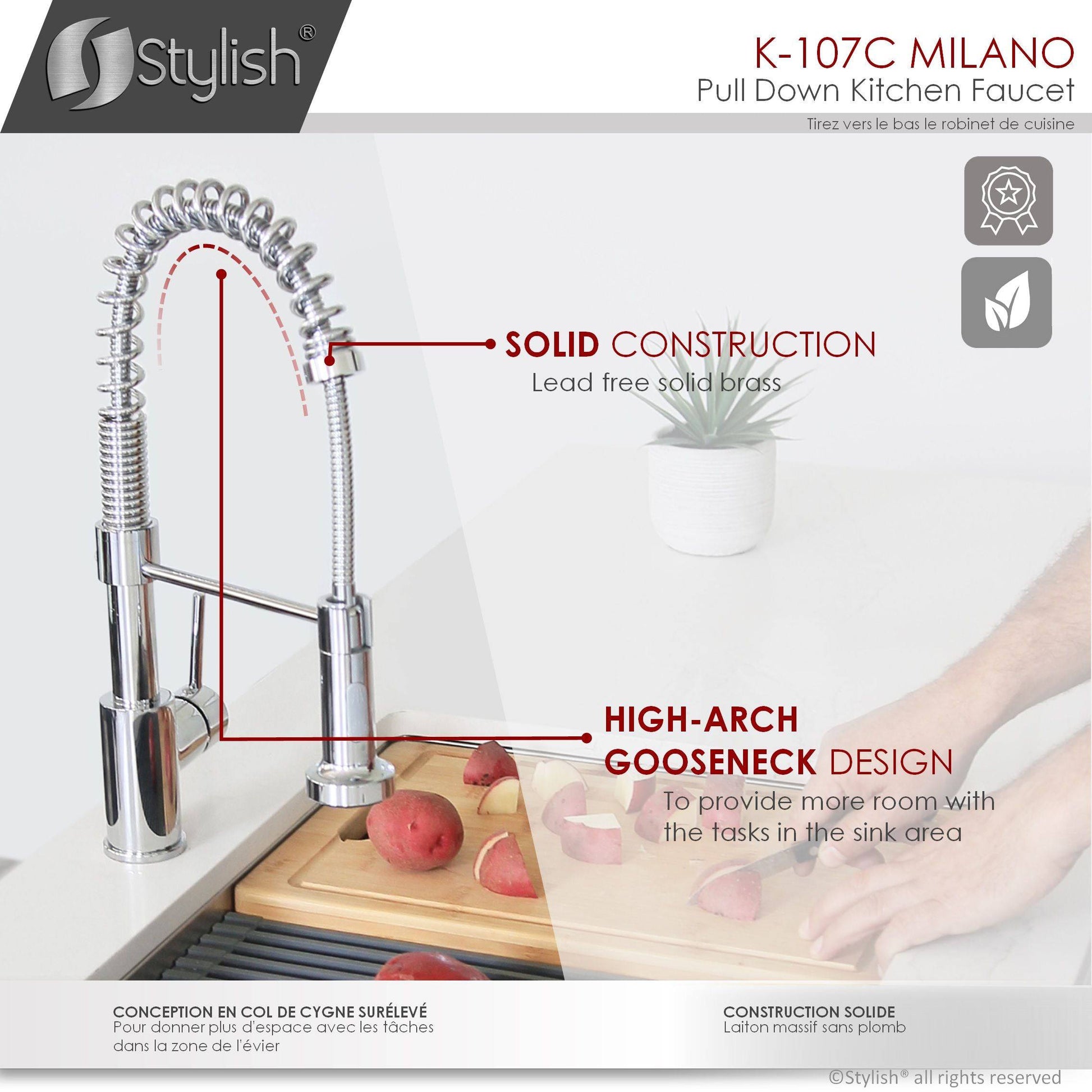 Stylish Milano 17.5" Kitchen Faucet Single Handle Pull Down Dual Mode Lead Free Polished Chrome Finish - Renoz