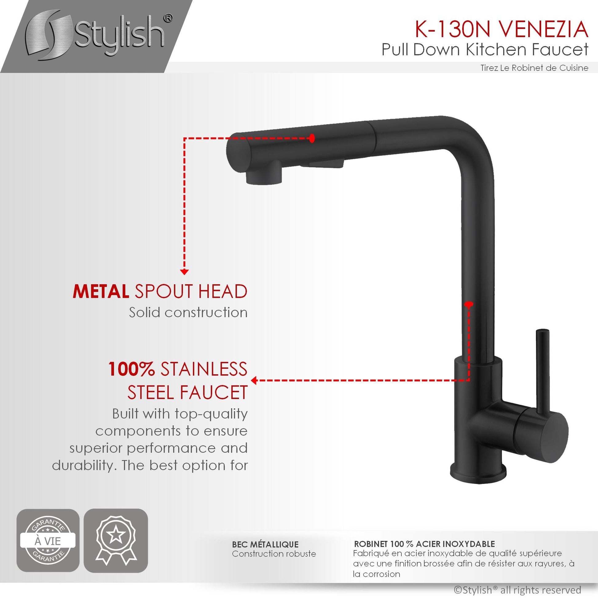 Stylish Venezia 12" Kitchen Faucet Single Handle Pull Down Dual Mode Stainless Steel, Matte Black Finish K-130N - Renoz