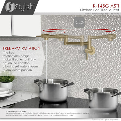 Stylish ASTI Stainless Steel Wall Mount Pot Filler Folding Stretchable with Single Hole Two Handles - Brushed Gold Finish K-145G