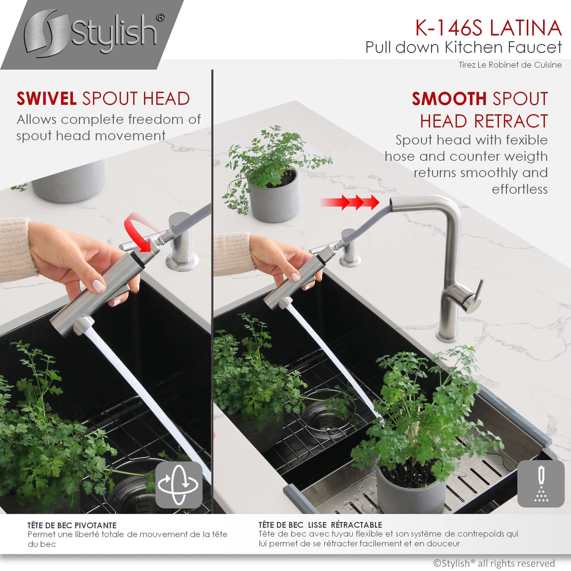 Stylish Latina 13" Kitchen Faucet Single Handle Pull Down Dual Mode Stainless Steel Brushed Finish K-146S - Renoz