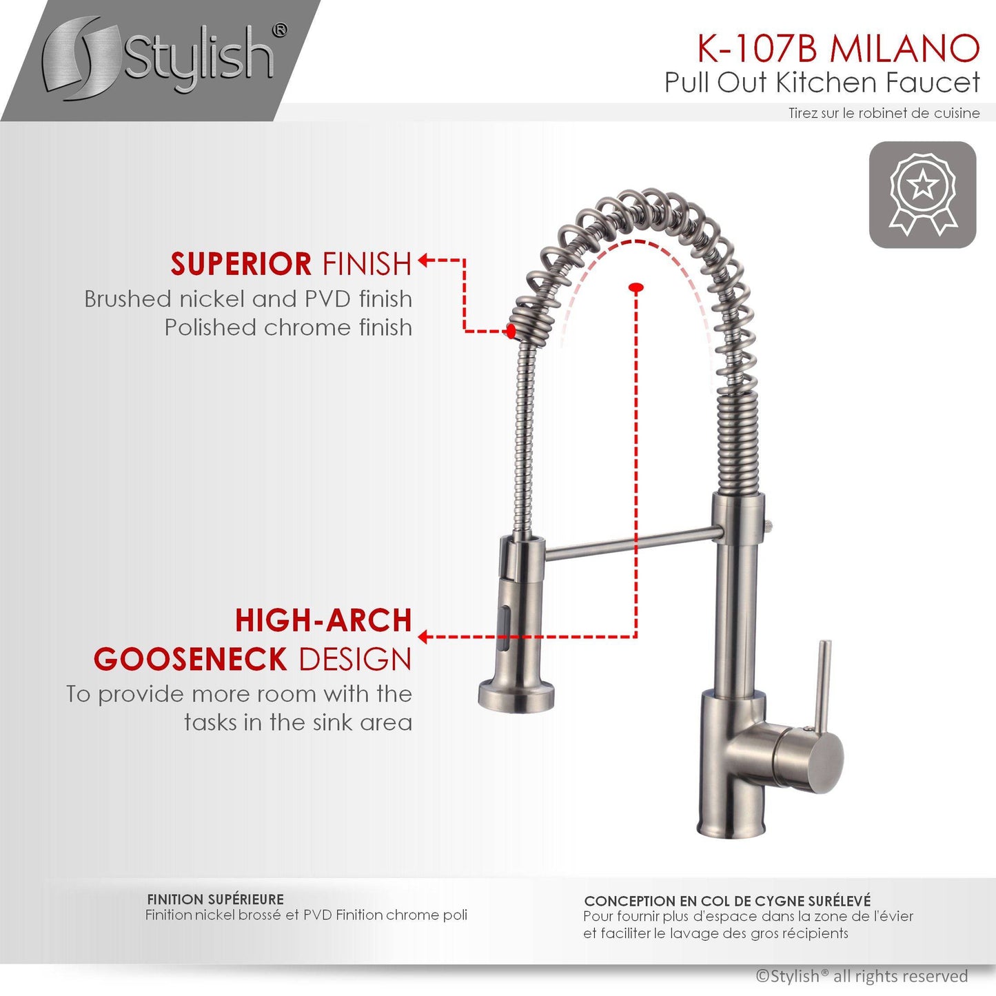 Stylish Milano 17.5" Kitchen Faucet Single Handle Pull Down Dual Mode Lead Free Brushed Nickel Finish K-107B - Renoz