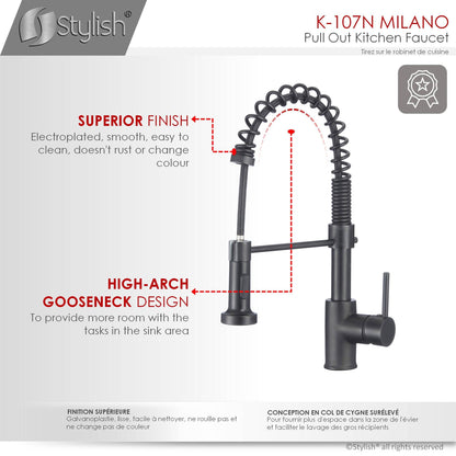 Stylish Milano 17.5" Kitchen Faucet Single Handle Pull Down Dual Mode Lead Free Matte Black Finish K-107N - Renoz