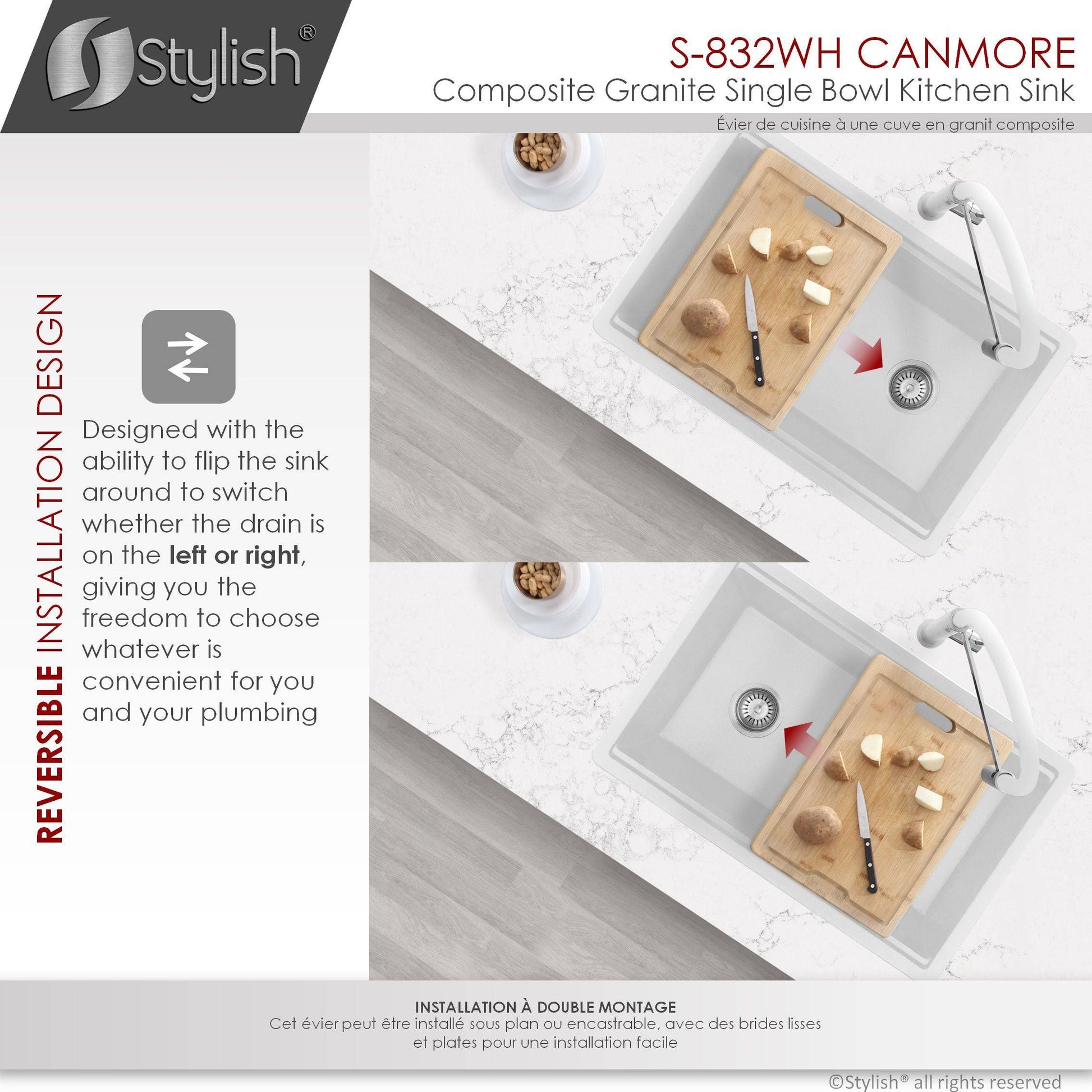 Stylish Canmore 32" x 18" Dual Mount Workstation Single Bowl White Composite Granite Kitchen Sink with Built in Accessories - Renoz