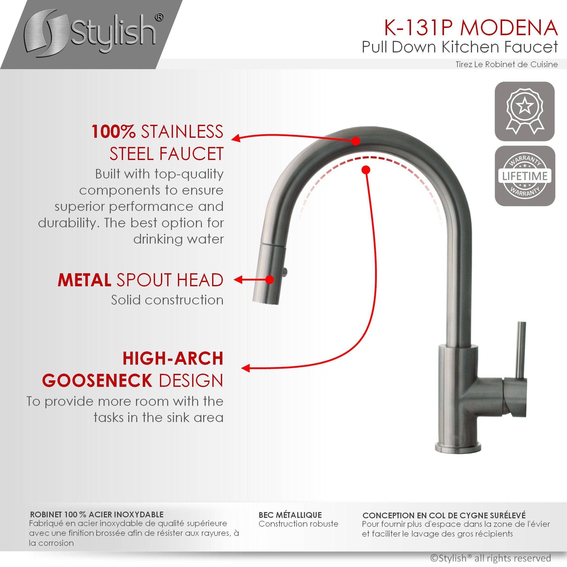 Stylish Modena 14" Kitchen Faucet Single Handle Pull Down Dual Mode Stainless Steel GunMetal Finish K-131P - Renoz