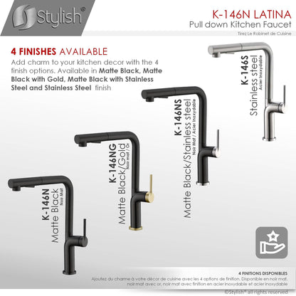 Stylish Latina 13" Kitchen Faucet Single Handle Pull Down Dual Mode Matte Black Finish K-146N - Renoz