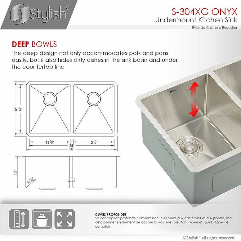 Stylish Onyx 30" x 18" Double Bowl Undermount Stainless Steel Kitchen Sink S-304XG - Renoz