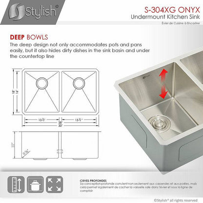 Stylish Onyx 30" x 18" Double Bowl Undermount Stainless Steel Kitchen Sink S-304XG - Renoz