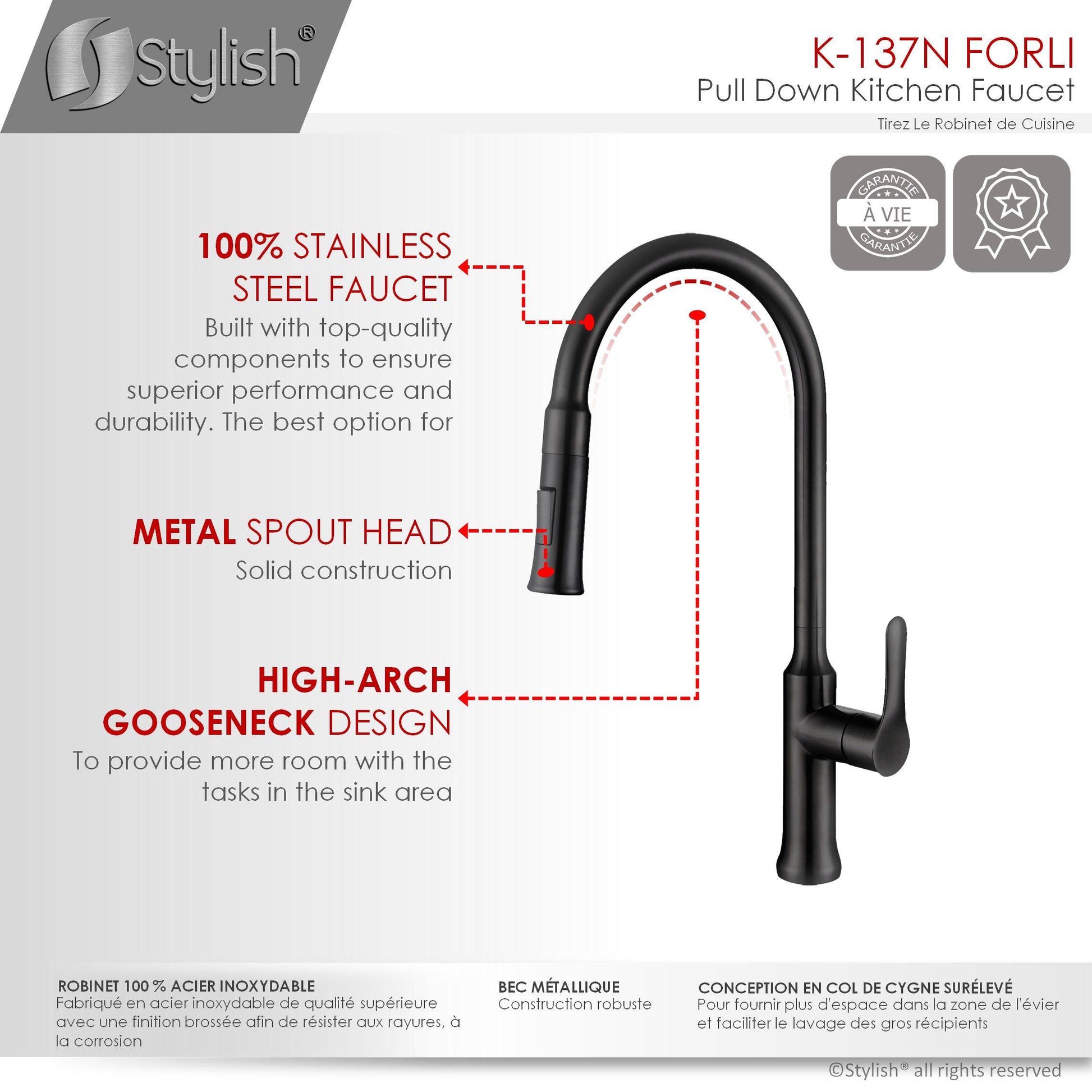 Stylish Forli 18.5" Kitchen Faucet Single Handle Pull Down Dual Mode Stainless Steel Matte Black Finish K-137N - Renoz