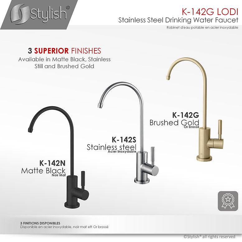 Stylish Lodi 11.25" Kitchen Drinking Water Tap Faucet, Stainless Steel Brushed Gold Finish K-142G - Renoz