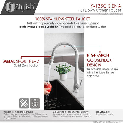 Stylish Siena Kitchen Faucet Single Handle Pull Down Dual Mode Stainless Steel Polished Chrome Finish K-135C - Renoz