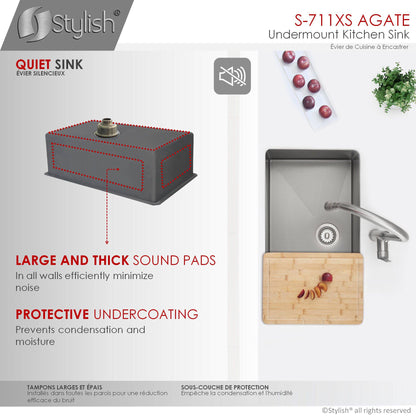 Stylish Agate 30" x 18" Graphite Single Bowl Undermount Stainless Steel Kitchen Sink S-711XN - Renoz