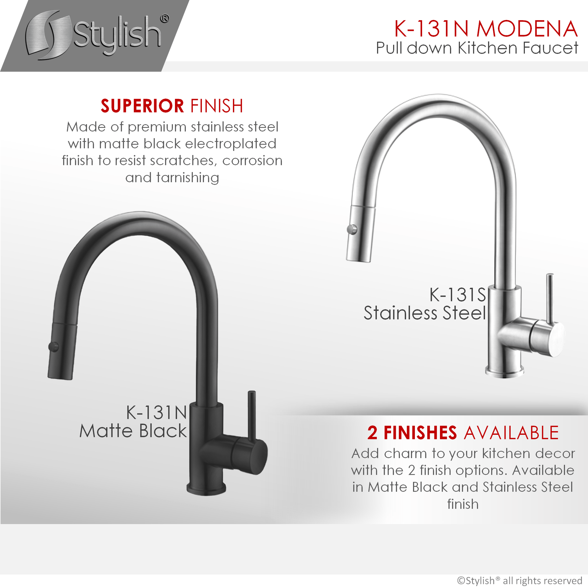 Stylish Modena 14" Kitchen Faucet Single Handle Pull Down Dual Mode Stainless Steel Matte Black Finish K-131N - Renoz