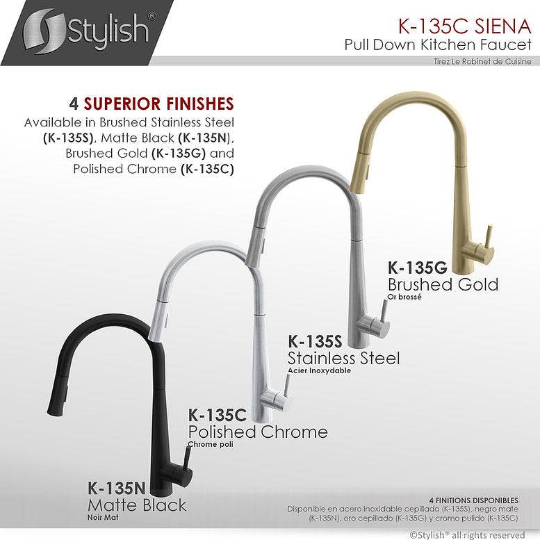 Stylish Siena Kitchen Faucet Single Handle Pull Down Dual Mode Stainless Steel Polished Chrome Finish K-135C - Renoz