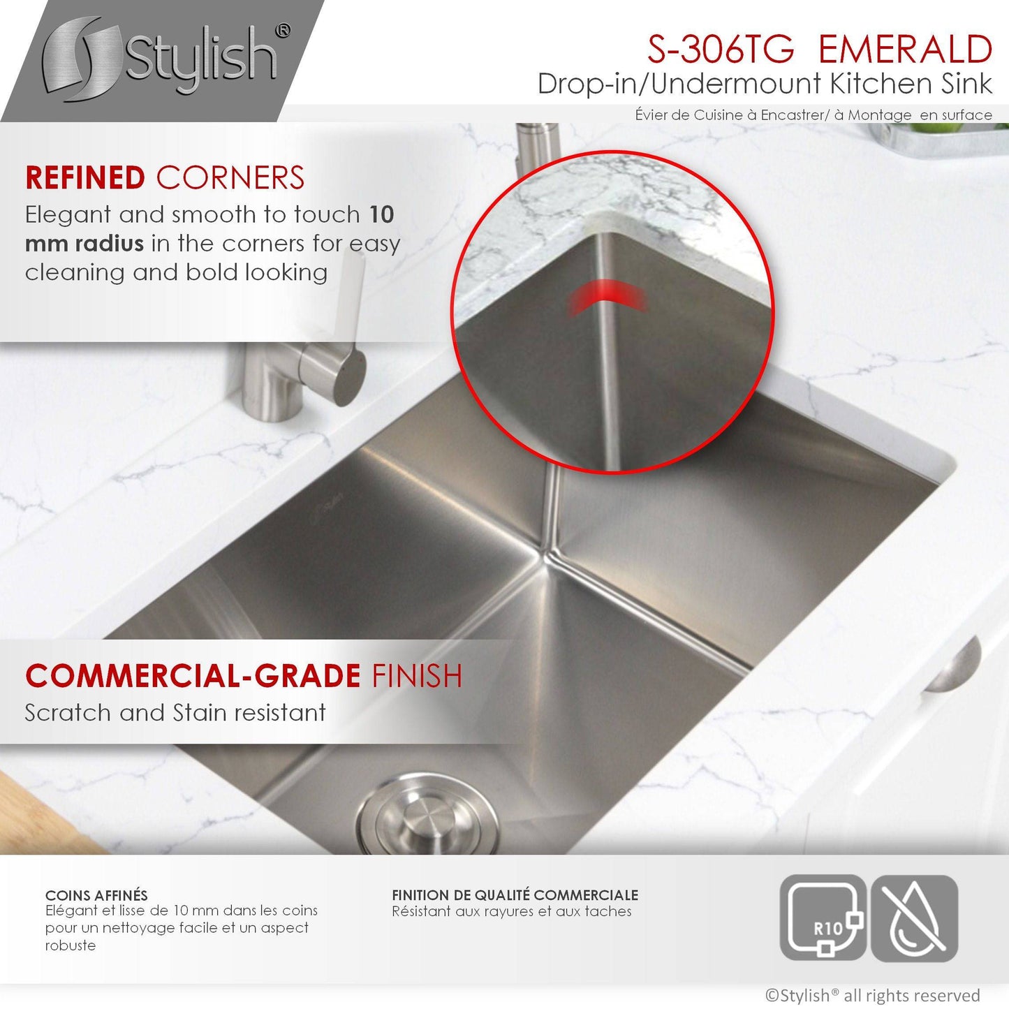 Stylish Emerald 28" x 18" Single Bowl Drop-in/Undermount Stainless Steel Kitchen Sink S-306TG - Renoz