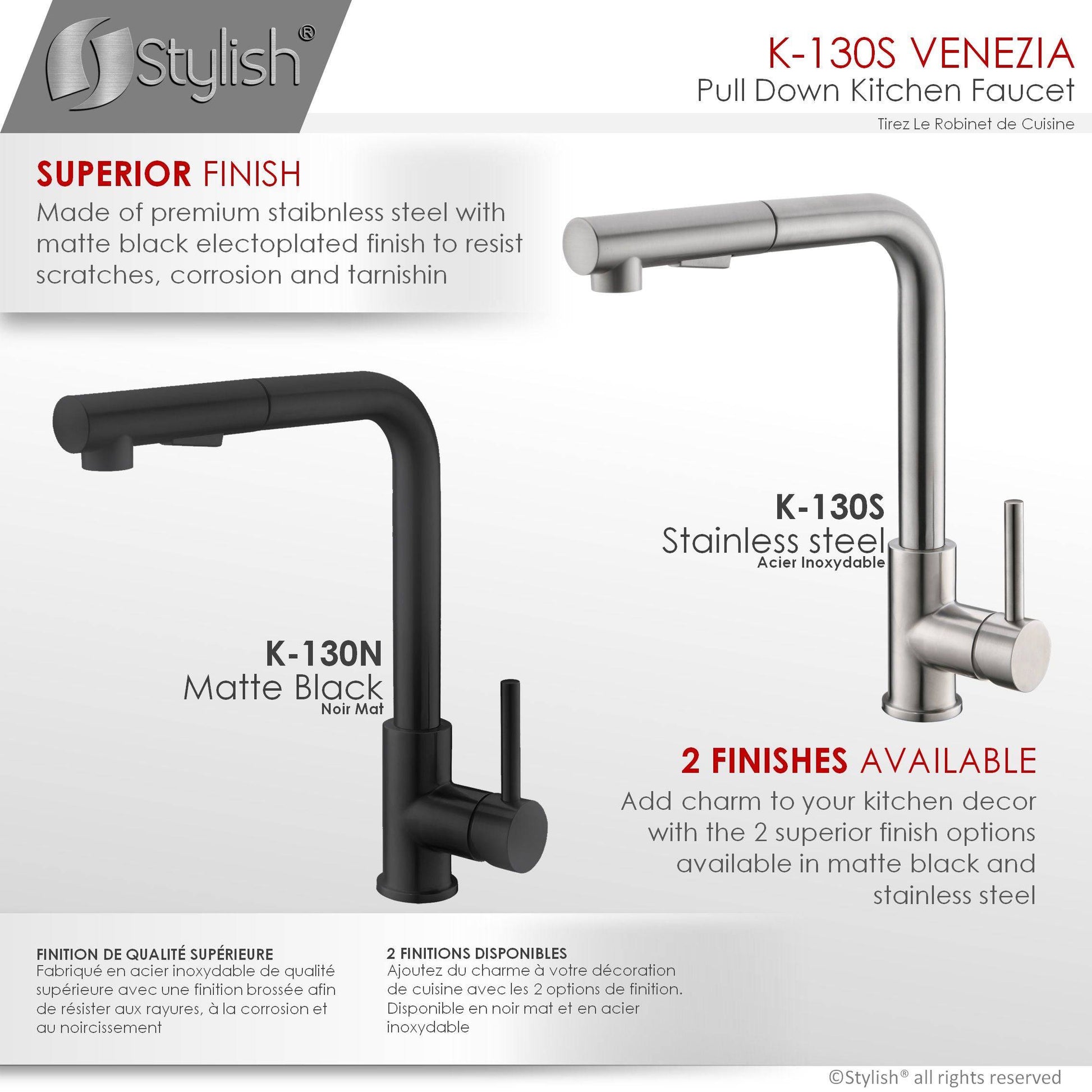 Stylish Venezia 12" Kitchen Faucet Single Handle Pull Down Dual Mode Stainless Steel, Brushed Finish K-130S - Renoz