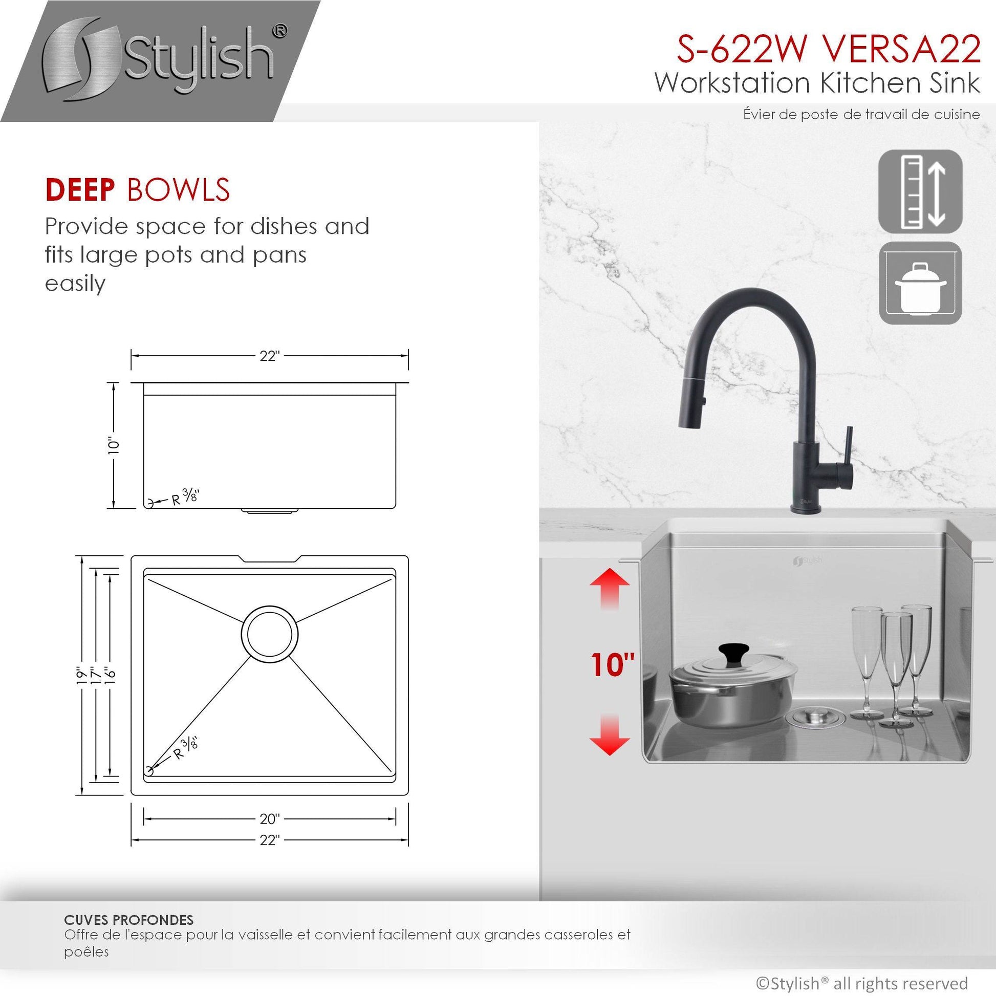 Stylish Versa22 22" x 19" Workstation Single Bowl Undermount 16 Gauge Stainless Steel Kitchen Sink with Built in Accessories S-622W - Renoz