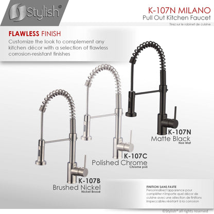 Stylish Milano 17.5" Kitchen Faucet Single Handle Pull Down Dual Mode Lead Free Matte Black Finish K-107N - Renoz