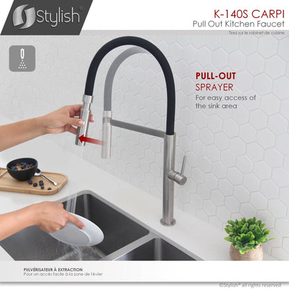 Stylish Carpi 20" Stainless Steel Single Handle Pull Out Dual Mode Kitchen Faucet with Black Spout Hose K-140S - Renoz