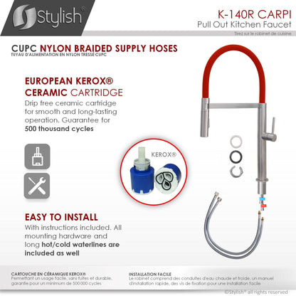 Stylish Carpi 20" Stainless Steel Single Handle Pull Out Dual Mode Kitchen Faucet with Red Spout Hose K-140R - Renoz