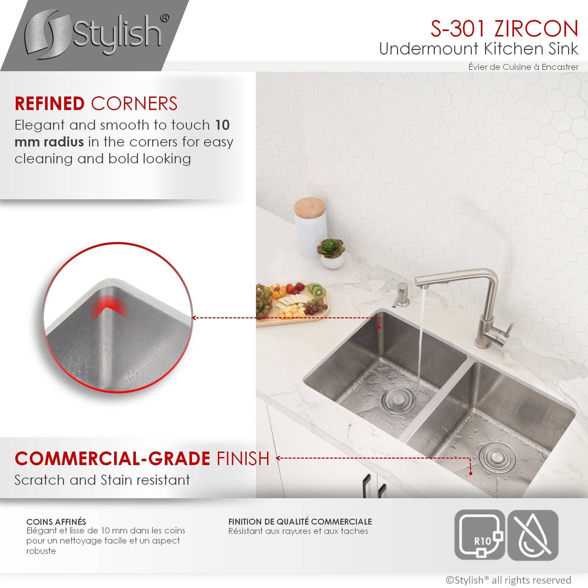 Stylish Zircon 32" x 18" Double Bowl Undermount Stainless Steel Kitchen Sink S-301G - Renoz