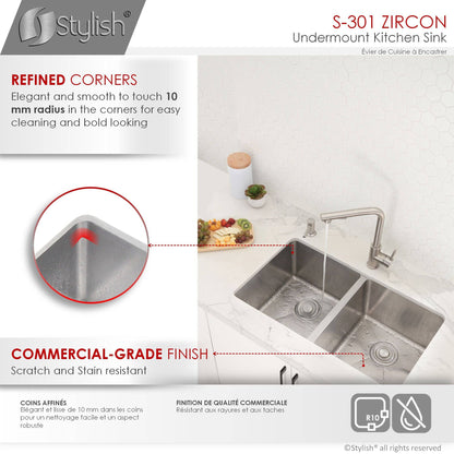 Stylish Zircon 32" x 18" Double Bowl Undermount Stainless Steel Kitchen Sink S-301G - Renoz