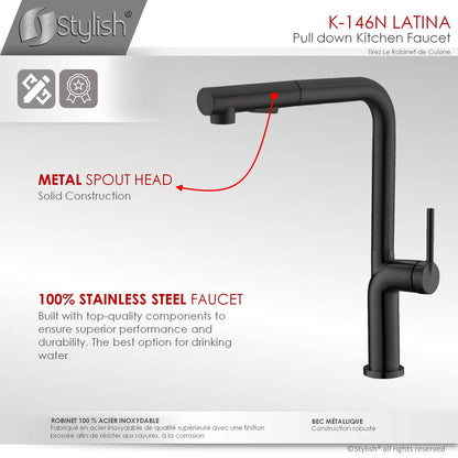 Stylish Latina 13" Kitchen Faucet Single Handle Pull Down Dual Mode Matte Black Finish K-146N - Renoz