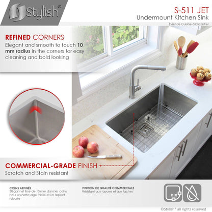 Stylish Jet 30" x 18" Single Bowl Stainless Steel Kitchen Sink with Square Strainer S-511XG - Renoz