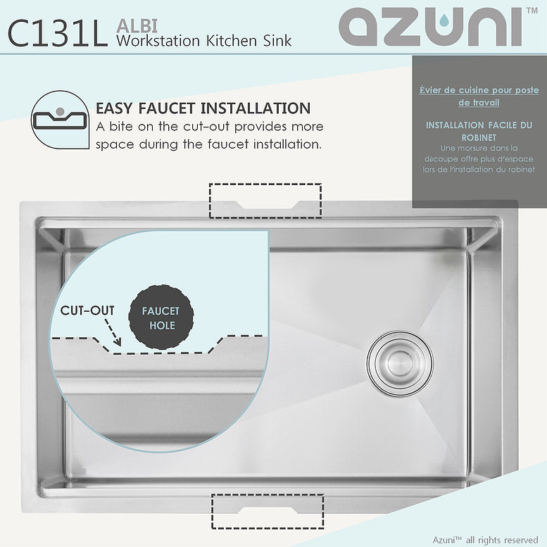 Azuni Albi 30" x 19" Reversible Undermount Workstation Single Bowl Kitchen Sink C131L - Renoz