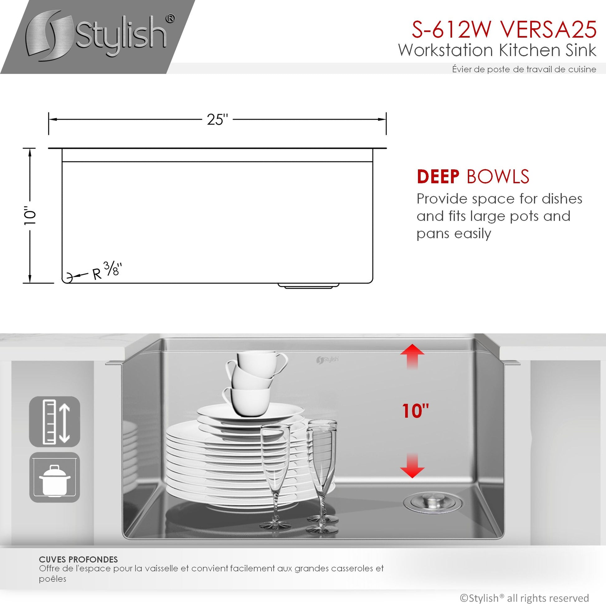 Stylish Versa25 25" x 19" Workstation Single Bowl Undermount 16 Gauge Stainless Steel Kitchen Sink with Built in Accessories S-612W - Renoz