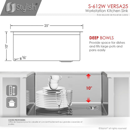 Stylish Versa25 25" x 19" Workstation Single Bowl Undermount 16 Gauge Stainless Steel Kitchen Sink with Built in Accessories S-612W - Renoz