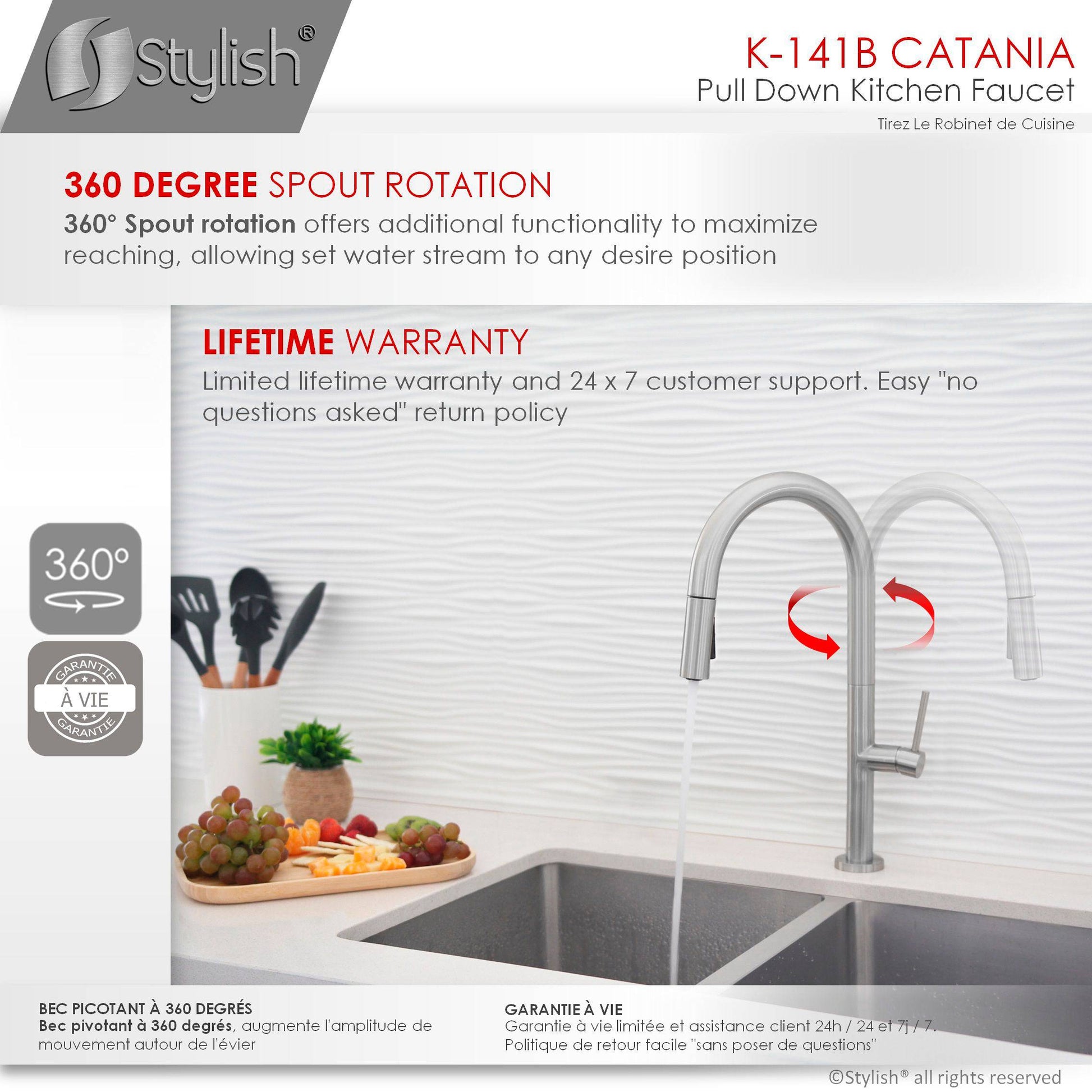 Stylish Catania 17.25" Kitchen Faucet Single Handle Pull Down Dual Mode Lead Free Brushed Nickel Finish K-141B - Renoz