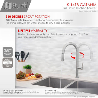 Stylish Catania 17.25" Kitchen Faucet Single Handle Pull Down Dual Mode Lead Free Brushed Nickel Finish K-141B - Renoz