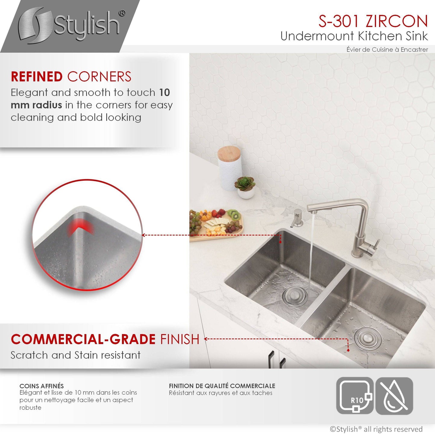 Stylish Zircon 32" x 18" Double Bowl Undermount Stainless Steel Kitchen Sink S-301XG - Renoz