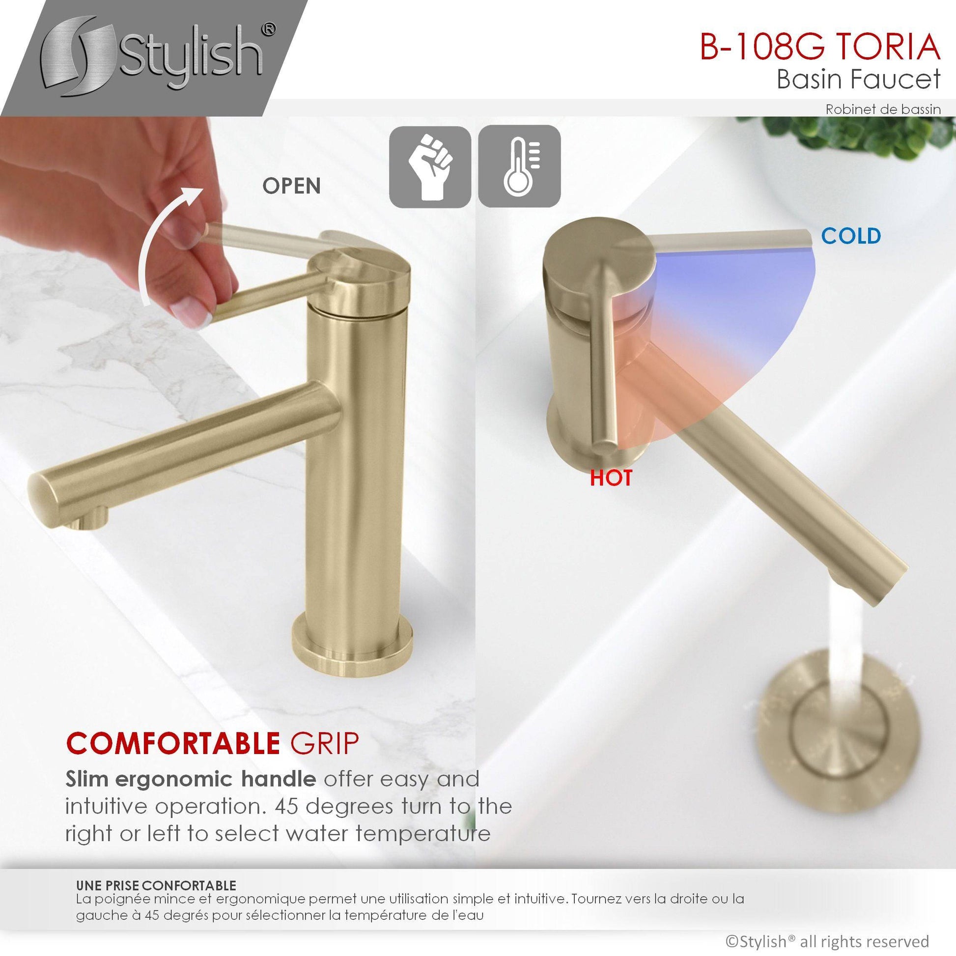 Stylish Toria 6" Single Handle Basin Bathroom Faucet in Brushed Gold Finish B-108G - Renoz