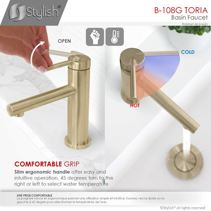 Stylish Toria 6" Single Handle Basin Bathroom Faucet in Brushed Gold Finish B-108G - Renoz