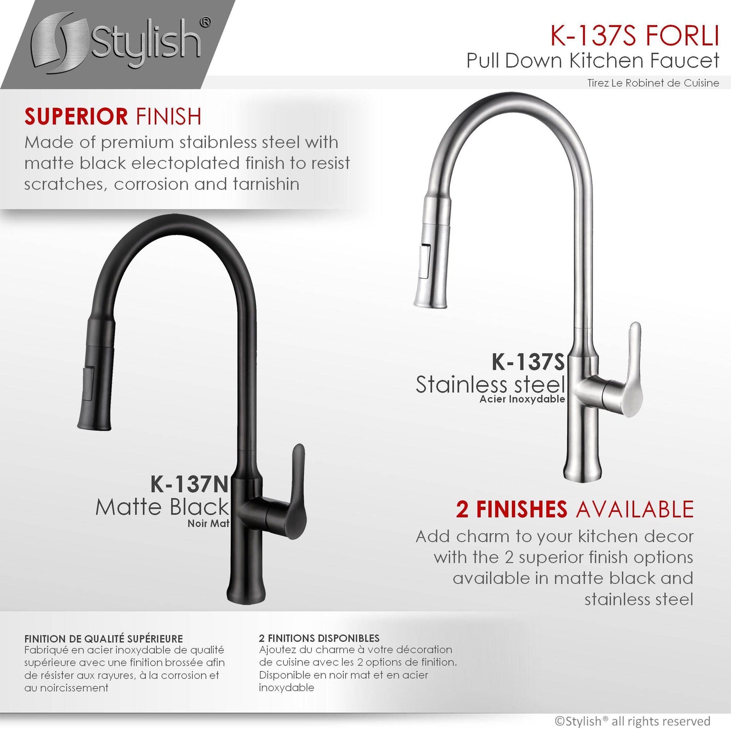 Stylish Forli 18.5" Kitchen Faucet Single Handle Pull Down Dual Mode Stainless Steel Brushed Finish K-137S - Renoz