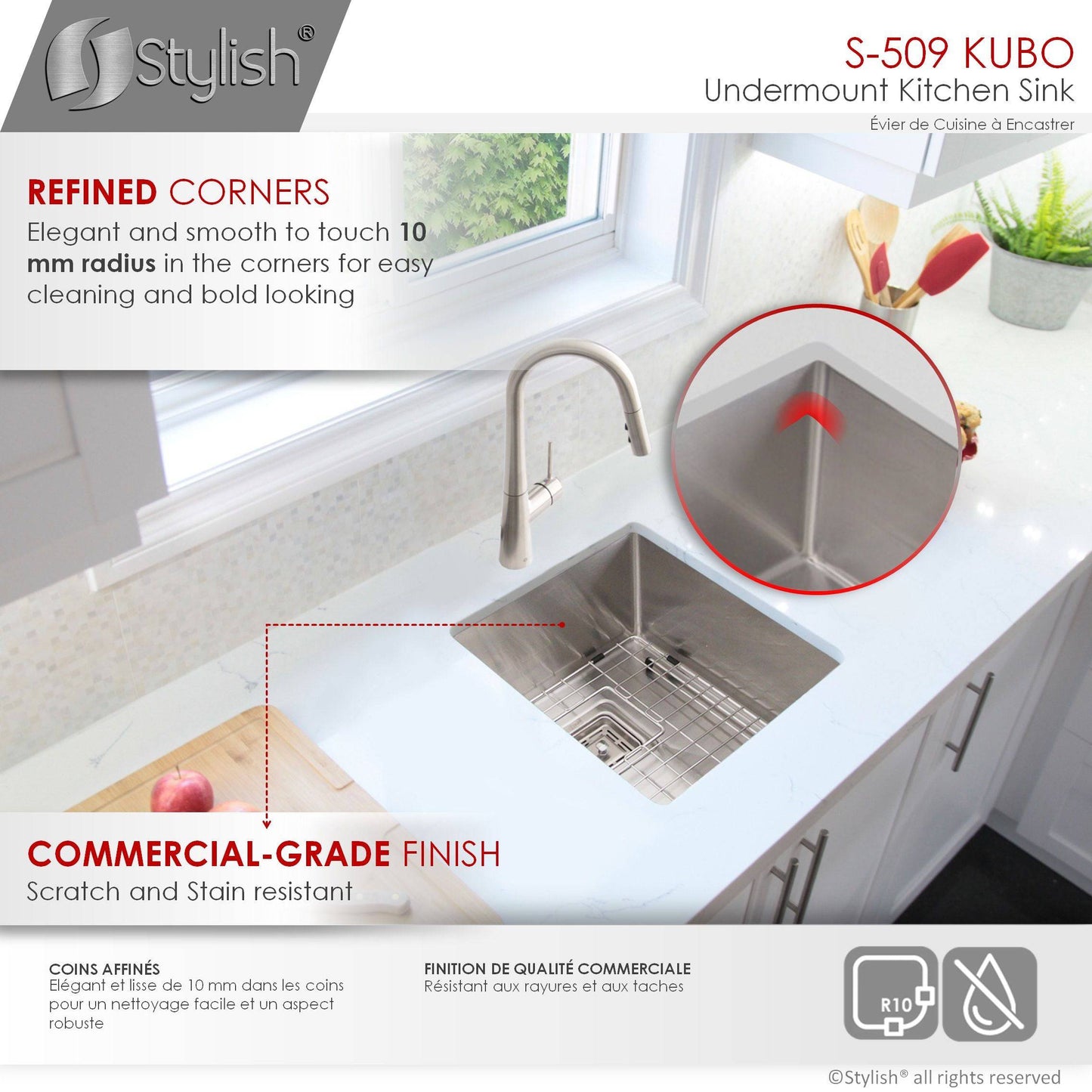 Stylish Kubo 16" x 18" Single Bowl Stainless Steel Kitchen Sink with Square Strainer S-509XG - Renoz