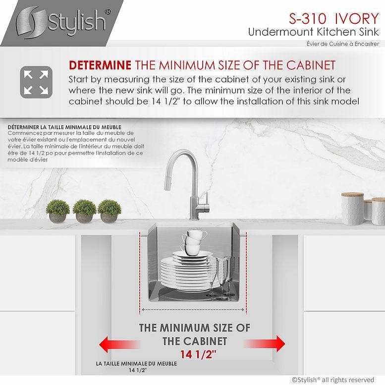 Stylish Ivory 14" x 18" Single Bowl Undermount Stainless Steel Kitchen Bar Sink S-310G - Renoz