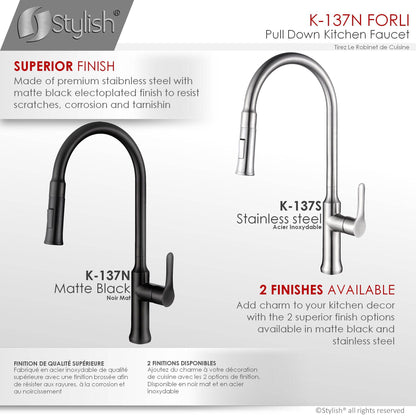 Stylish Forli 18.5" Kitchen Faucet Single Handle Pull Down Dual Mode Stainless Steel Matte Black Finish K-137N - Renoz