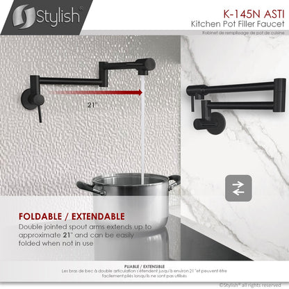 K-145N Pot de remplissage mural élégant en acier inoxydable pliable et extensible avec un seul trou et deux poignées - Finition noire mate K-145N 